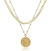 Layered Birth Flower Necklace for Women 18K Gold Plated Double Layered Engraved Custom Floral Pendant Dainty Birth Month Flower Disc Coin Necklaces Personalized Jewelry