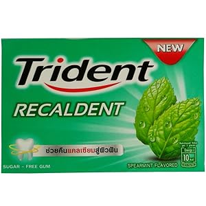 Trident Recaldent Chewing Gum Spearmint Flavored Sugar Free Dental Health Net Wt 12.6 G (9 Pellets) X 9 Boxes