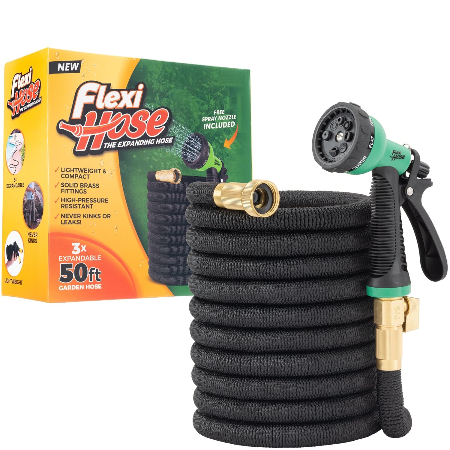 Photo 1 of Flexi Hose with 8 Function Nozzle, 50FT - Lightweight Expandable Garden Hose, No-Kink Flexibility, 3/4 Inch Solid Brass Fittings and Double Latex Core