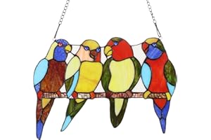 Bieye W10001 Tropical Birds Tiffany Style Stained Glass Window Panel with Chain, 14.5-inch Wide (4 Parrots)