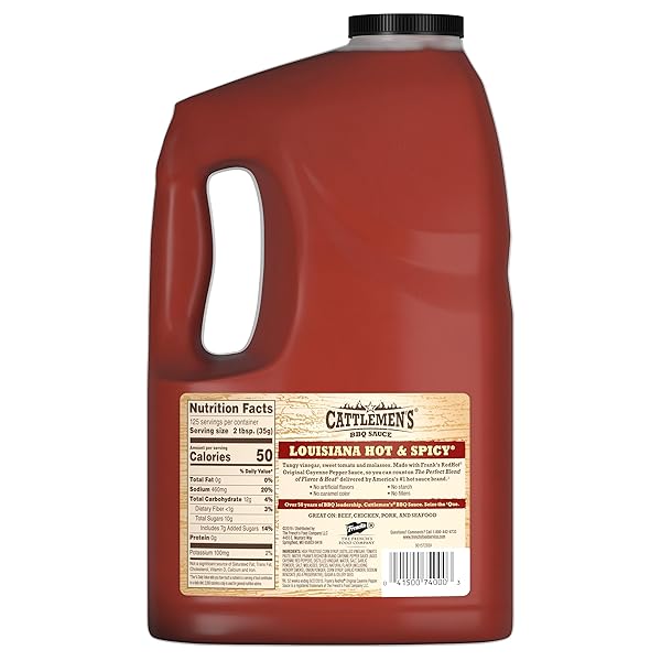 CATTLEMEN’S LOUISIANA HOT & SPICY BBQ SAUCE, 1 GAL – ONE GALLON CONTAINER OF SPICY BARBEQUE SAUCE MADE WITH RIPE TOMATOES, BEST ON SHRIMP, CHICKEN TACOS, MEATBALLS AND MORE
