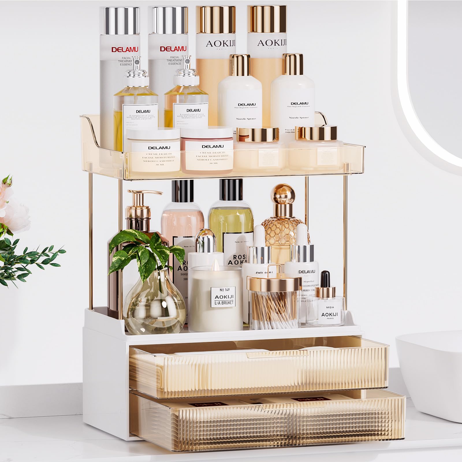 Photo 1 of TidyStash Bathroom Counter Organizer, 2-Tier 2-Drawer Makeup Organizer Countertop, Easy to Install, Ideal for Bathroom Storage, Vanity, Perfume, Large Skincare Items, Present, and More, Amber