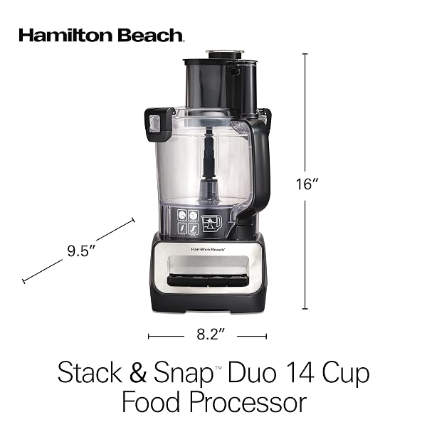 HAMILTON BEACH STACK & SNAP FOOD PROCESSOR AND VEGETABLE CHOPPER, STAINLESS STEEL BLADES, 14 CUP + 4-CUP MINI BOWLS, 3-SPEED 500 WATT MOTOR, BLACK (70585)