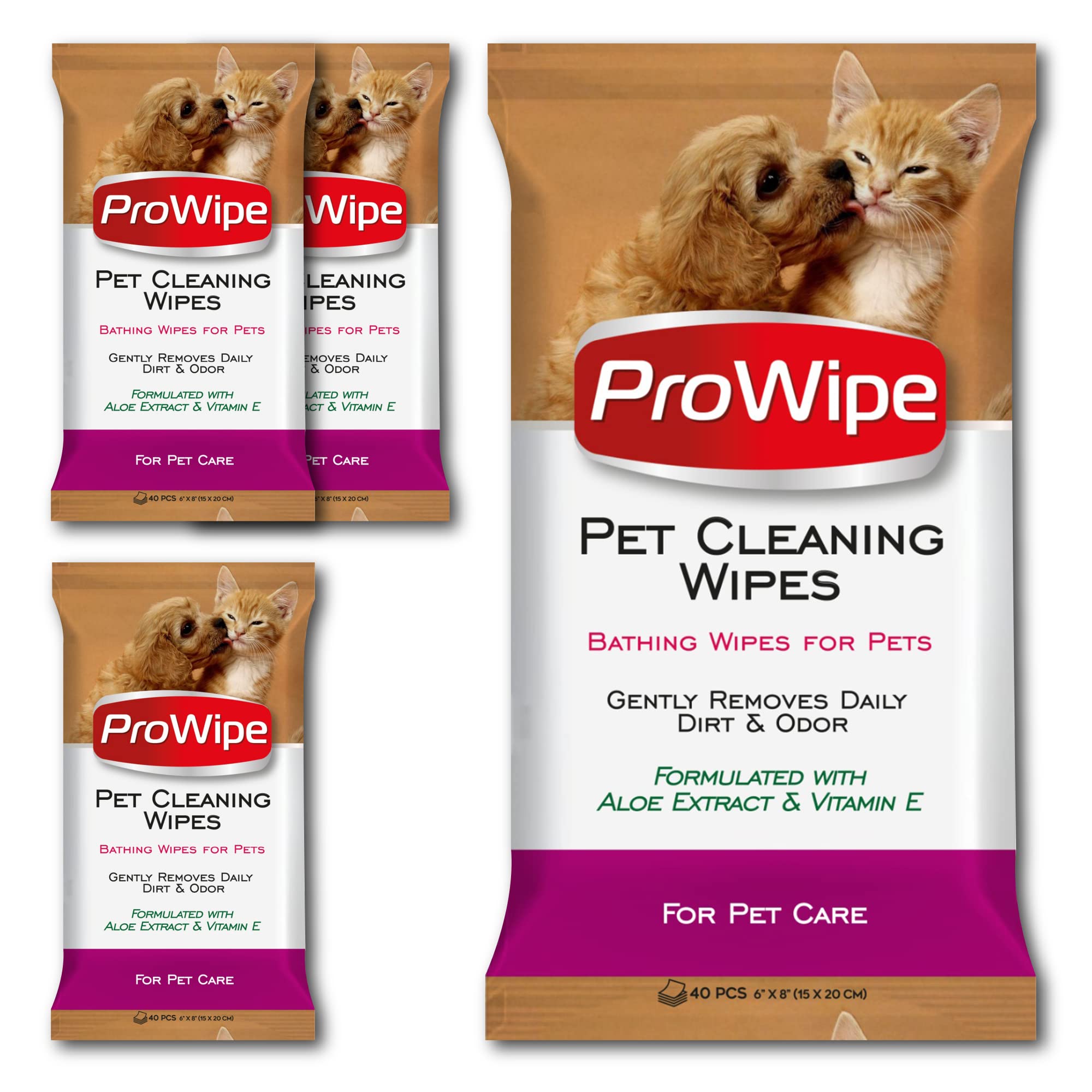 ProWipe Pet Wipes, Dog Wipes, Cat Wipes, Wipes for Pets with Aloe Extract & Vitamins, Perfect as Eye, Ear Wipes, for Bums, Suitable for Puppy, Kitten, Dogs and Cats, 4 Pack x 40-160 Count