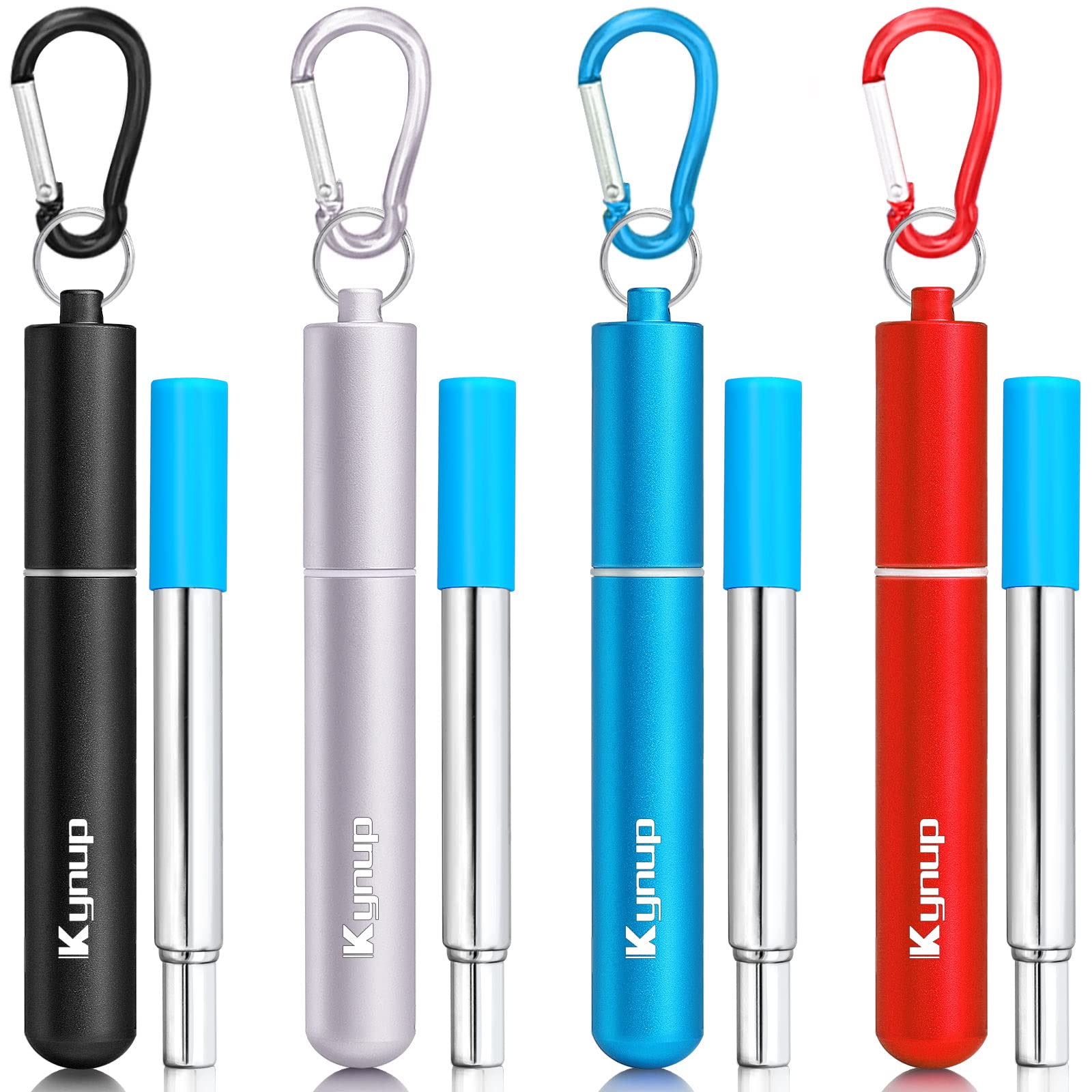 Kynup Reusable Metal Drinking Straw, 4 Packs Metal Collapsible Straw with Case, Keychain, Cleaning Brush, 6mm Dia, Length up to 23cm, Portable Travel Straw for Travel on The Go(Black-Silver-Blue-Red)