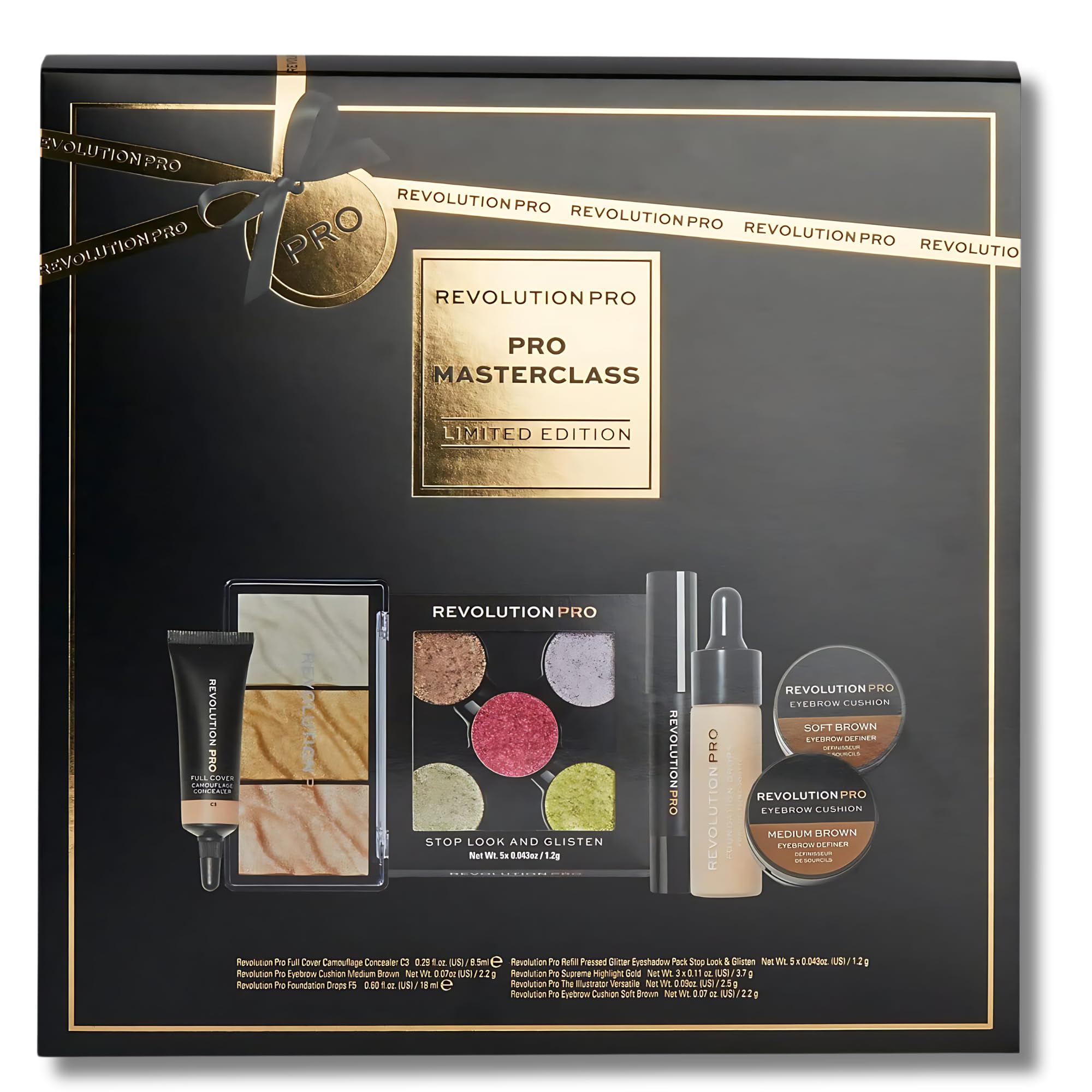Makeup Revolution Pro Masterclass Set - The Ultimate PRO Glam Kit for Party-Ready Looks with Full Coverage Concealer, Glitter Eyeshadows, Eyebrow Cushion, Foundation Drops, Highlighter