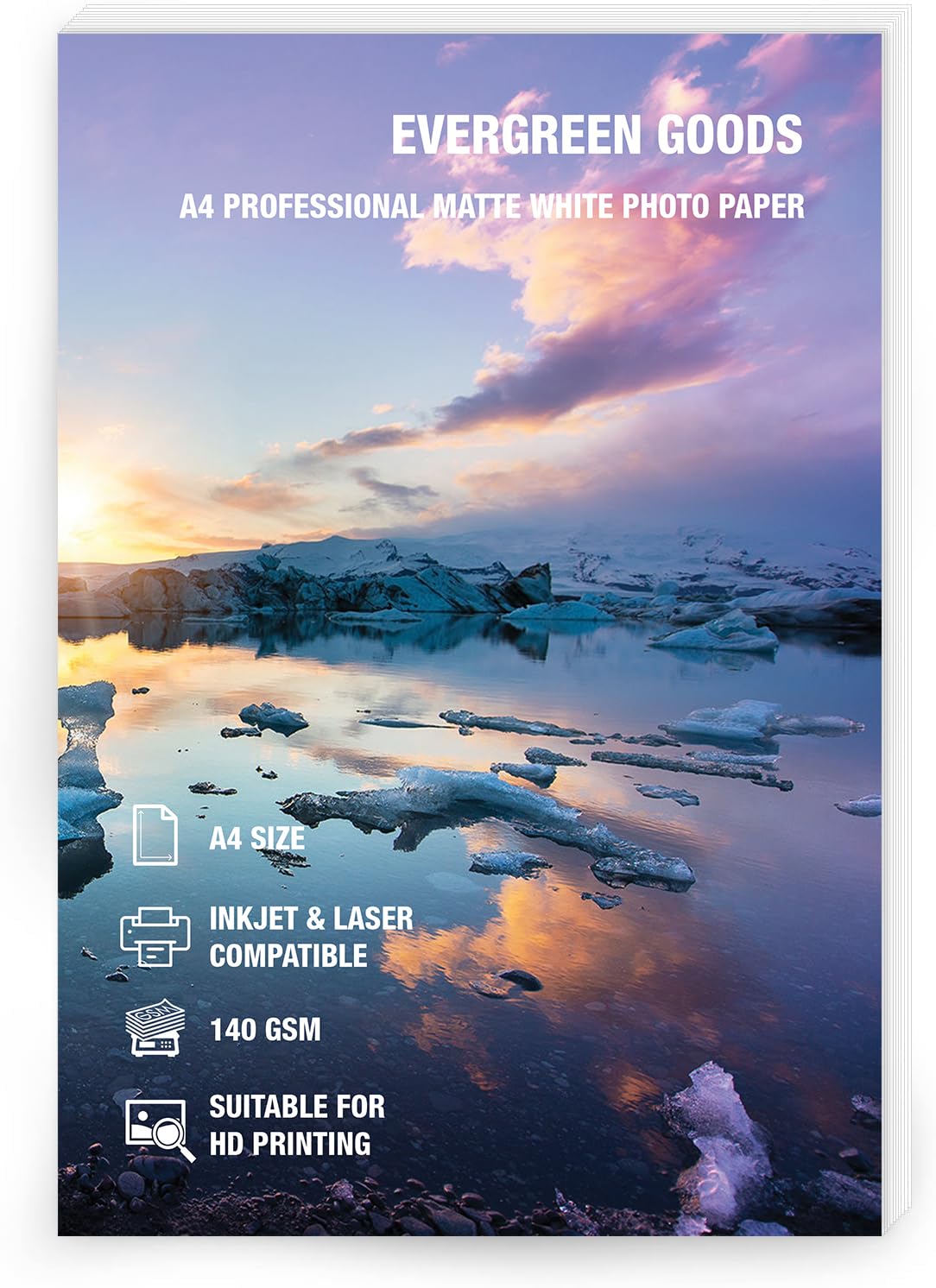 Evergreen Goods 50 Sheets A4 Matte White Double-Sided Photo Paper 140 GSM, Inkjet & Laser Printable, High-Resolution Paper for Photo Printing, Scrapbooking, Cards & Crafts