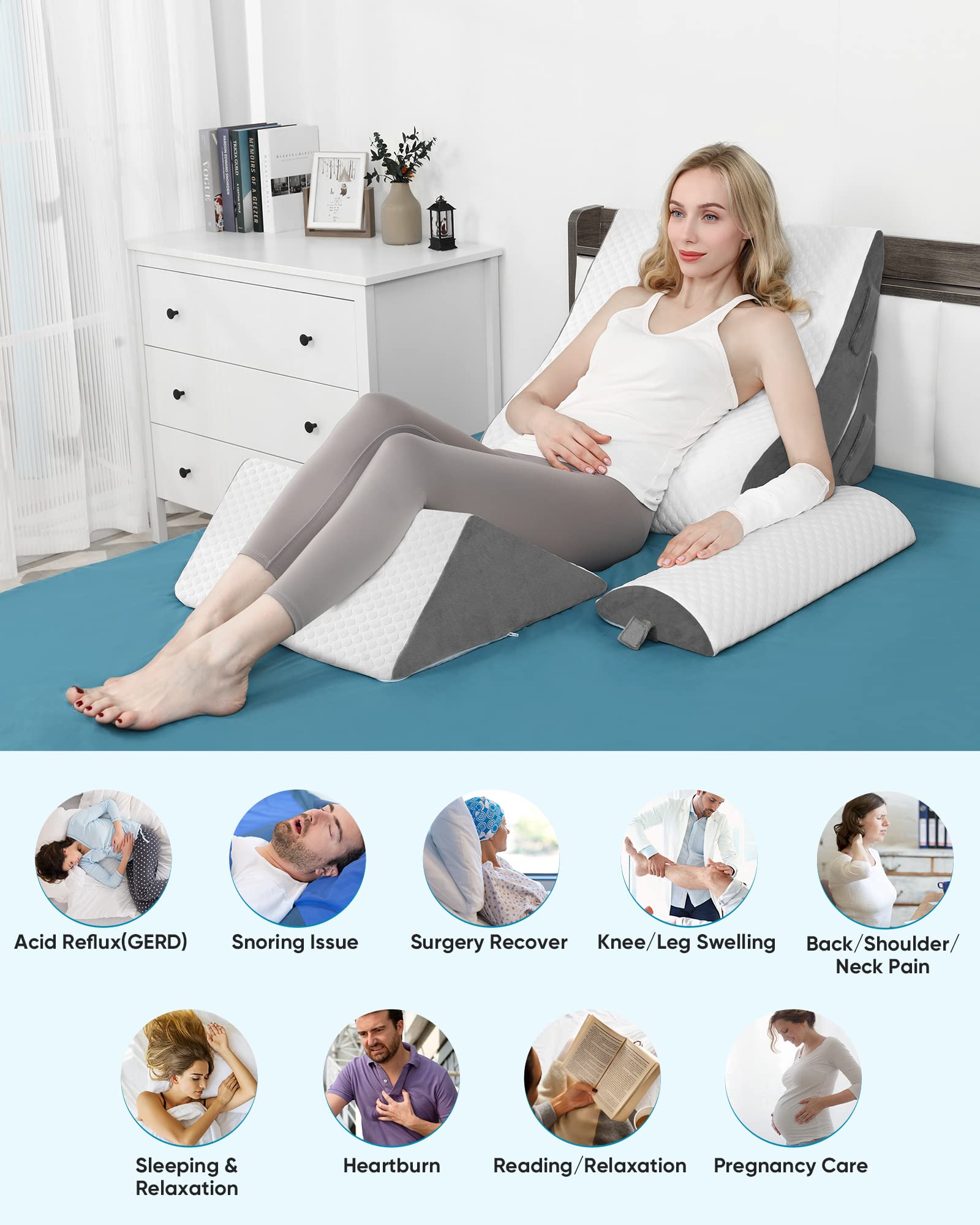 Forias Orthopedic Bed Wedge Pillow Set, 4PCS Wedge Pillow Set for After Surgery, Adjustable Wedge Pillow Set for Acid Reflux Back Pain Relief Post Surgery Snoring Sleep Apnea, Legs Neck Knee Support
