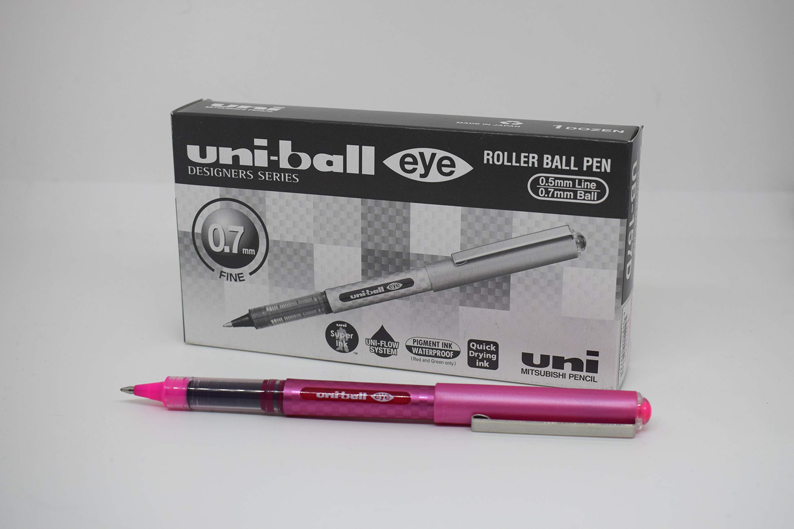 uni-ball UB-157D Eye Designer Rollerball Pens. Premium Medium 0.7mm Ballpoint Tip for Super Smooth Handwriting, Art and Drawing. Fade and Water Resistant Liquid Uni Super Ink. Box of 12 Pink