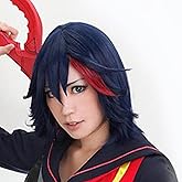 ANOGOL Hair Cap + Dark Blue Mixed Red Anime Cosplay Wig Girl Short Bob Hair For Anime Cosplay Women Dark Blue with Red Highlight Wig For Halloween Costumes