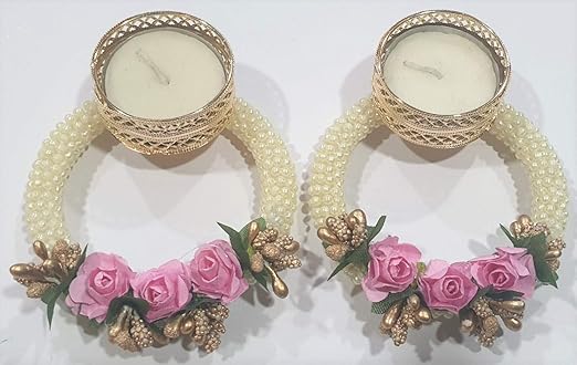 PRAHLL TEALIGHT Diya/Candle Holder/Diwali Light of Artificial Flower and Pearl(3 INCH Each) (Baby Pink, 2)