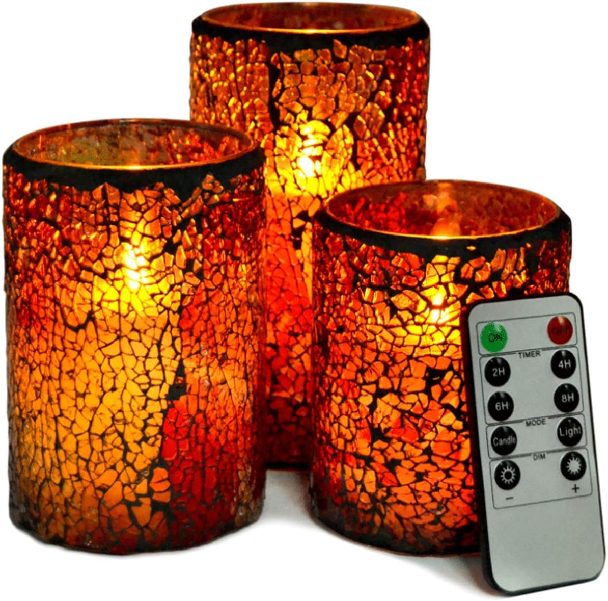 Mosaic Glass Flameless Candles, Real Wax Pillar Glass Candles with 10Key Remote