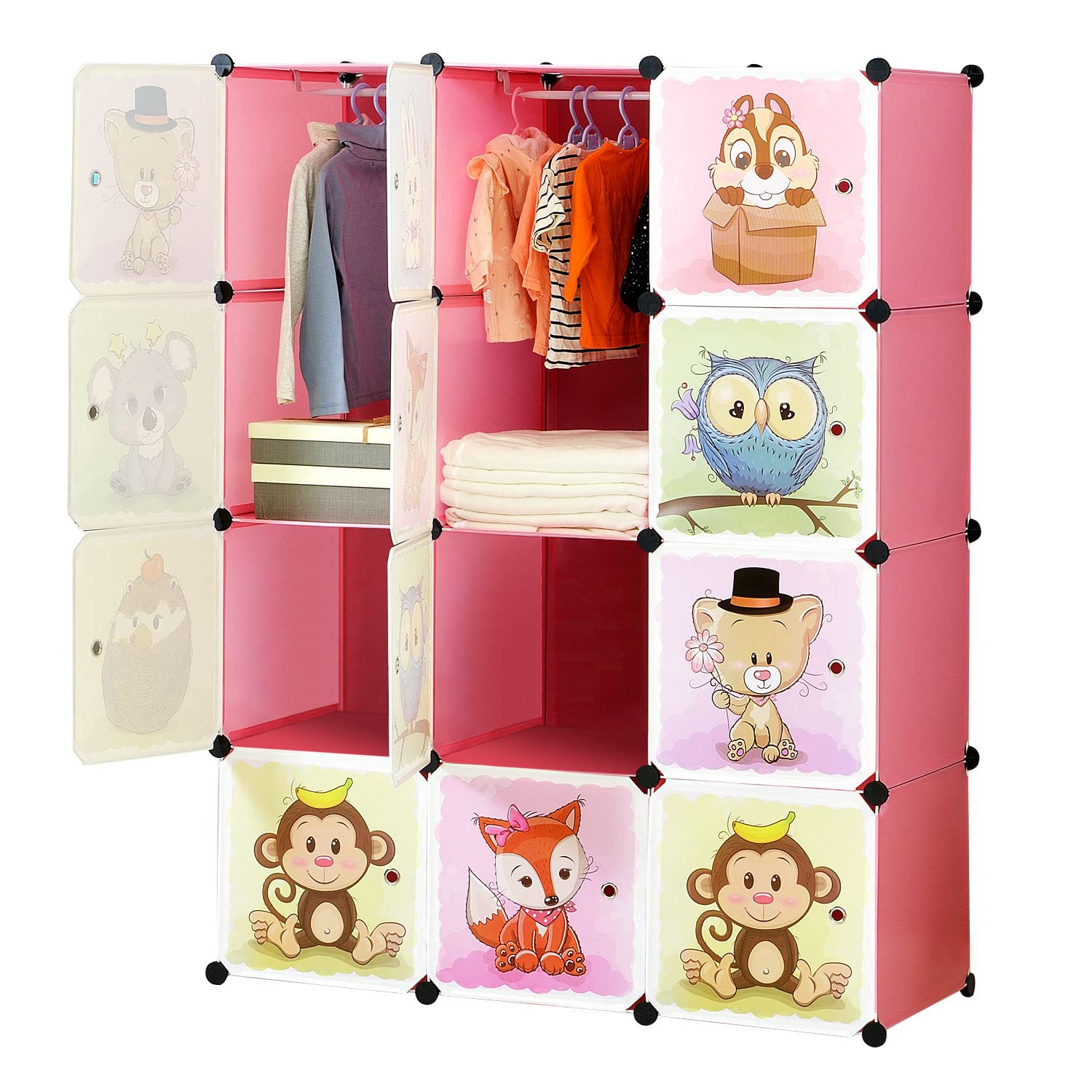 BRIAN & DANY Portable Cartoon Clothes Closet Wardrobe DIY Modular Storage Organizer, Sturdy and Safe for Children, 8 Cubes & 2 Hanging Sections, Pink, 110 x 47 x 147 cm