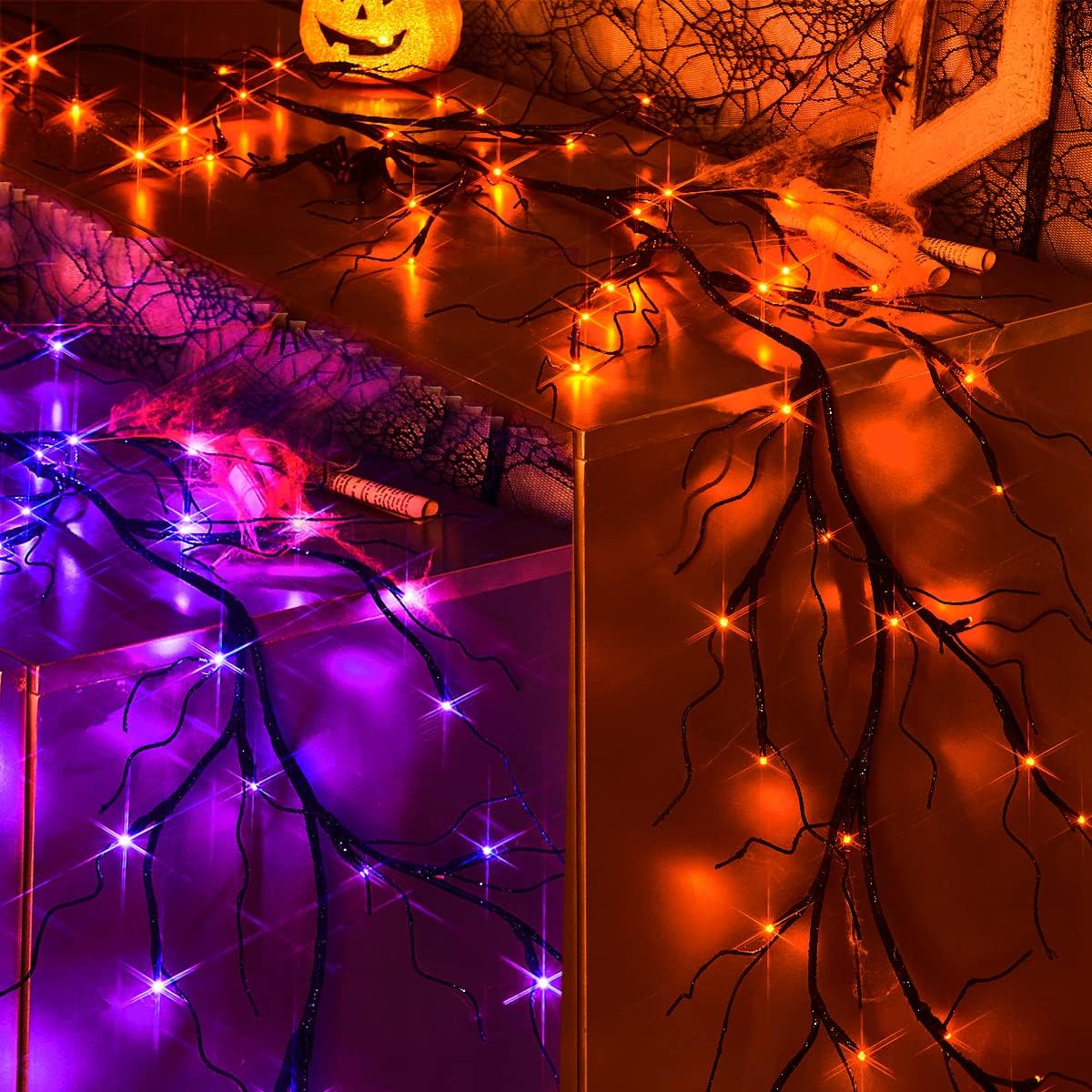 Wreaths, Garlands & Swags - Fudios Lighted Halloween Black Garland with 48L Orange and Purple LED Lights for Mantle, Lit Twig Glittered Garland with Lights Battery Operated 6FT 8 Functions Indoor Outdoor Wall Decoration