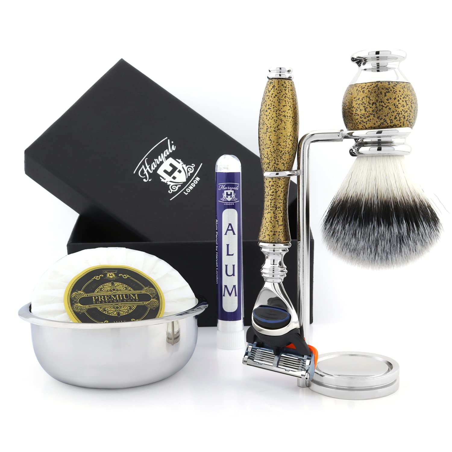 Haryali London 6-Piece Men’s Shaving Kit – 5 Edge Razor, Synthetic Badger Brush, Shaving Bowl, Soap, Stand & Alum Block – Wet Shaving Set & Gift for Men