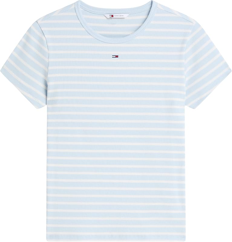 Damen T-Shirt Kurzarm Essential Rib Slim Fit, Blau (Kingly Blue/Stripe), XL