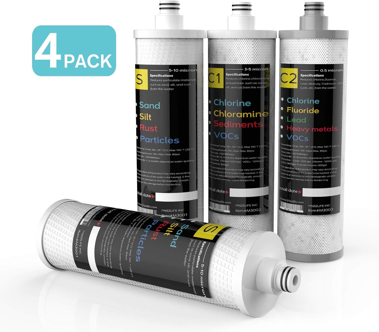 FRIZZLIFE M3005 Replacement Filter Cartridge Set (4 Pack) for SK99 and SP99 Under Sink Water Filter System: Home & Kitchen
