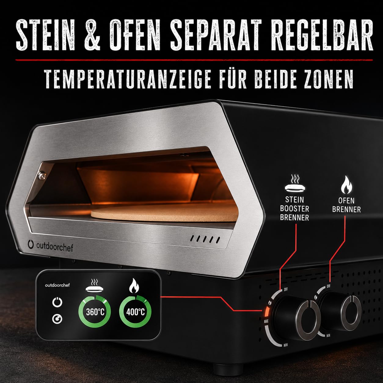 Outdoorchef PRISMO 420 G Gas-Pizzaofen – bis 450 °C, automatisch rotierender Pizzastein Ø 42 cm, Booster-Brenner, getrennte Temperaturregelung und digitales Touch-Display 2