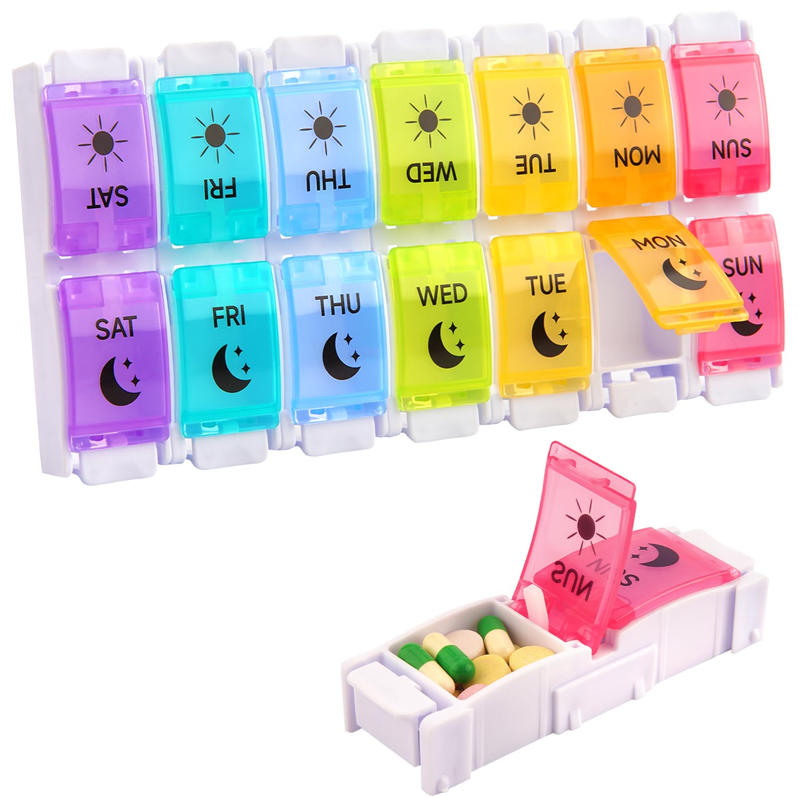 STEVOY Pill Box 7 Days 2 Times a Day 14 Compartments, Weekly Pill Organisers, Free BPA Medicine Organiser/Vitamin Case/Travel Reminder Holder/Medication Dispenser Container