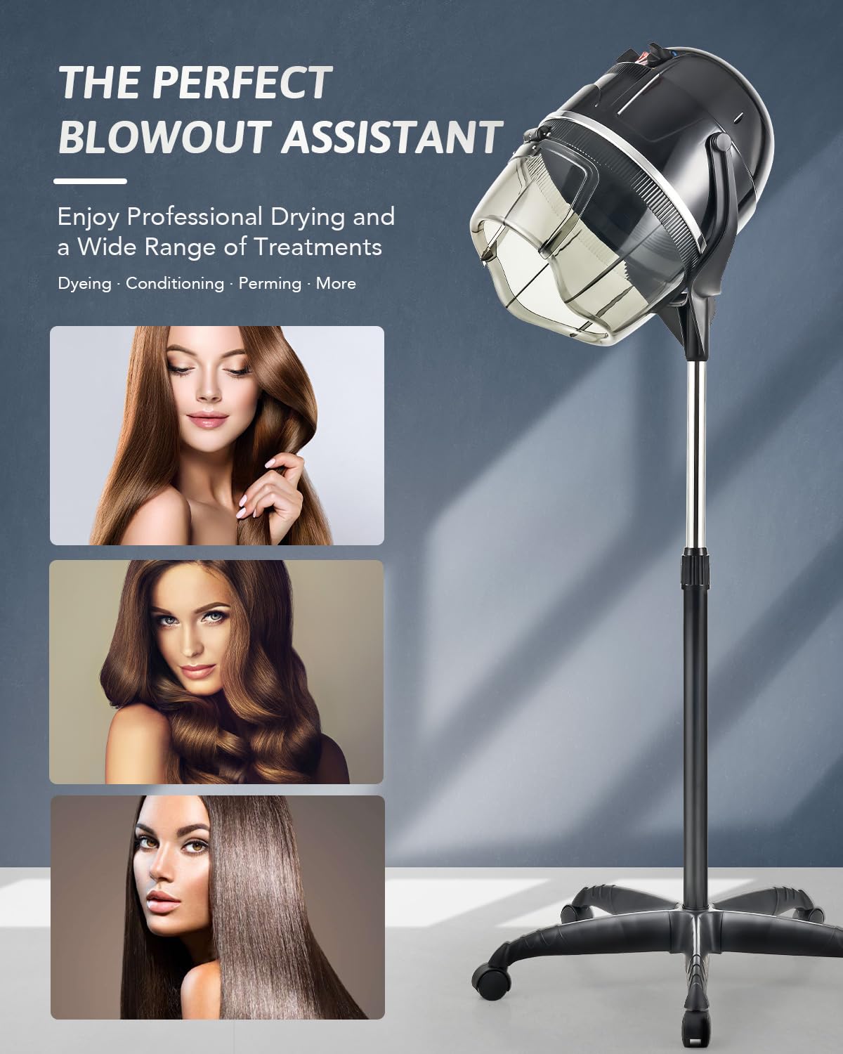 CO-Z 1300W Black Hooded Hair Dryer with Stand, Adjustable Height, 360 Swivel, Wheels, Temperature Timer, Safe Use