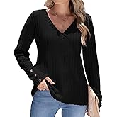 BSYUROS Women's V Neck Knit Sweater Long Sleeve Top with Button Cuffs Soft Casual Pullover Fall Outfits Medium, Long-Black