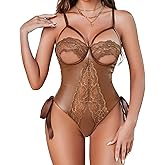 Avidlove Sexy Lingerie for Women One Piece Lingerie Cutout Teddy Underwire Bodysuits Mini Lace Leather Body Suit Lace-Up Back