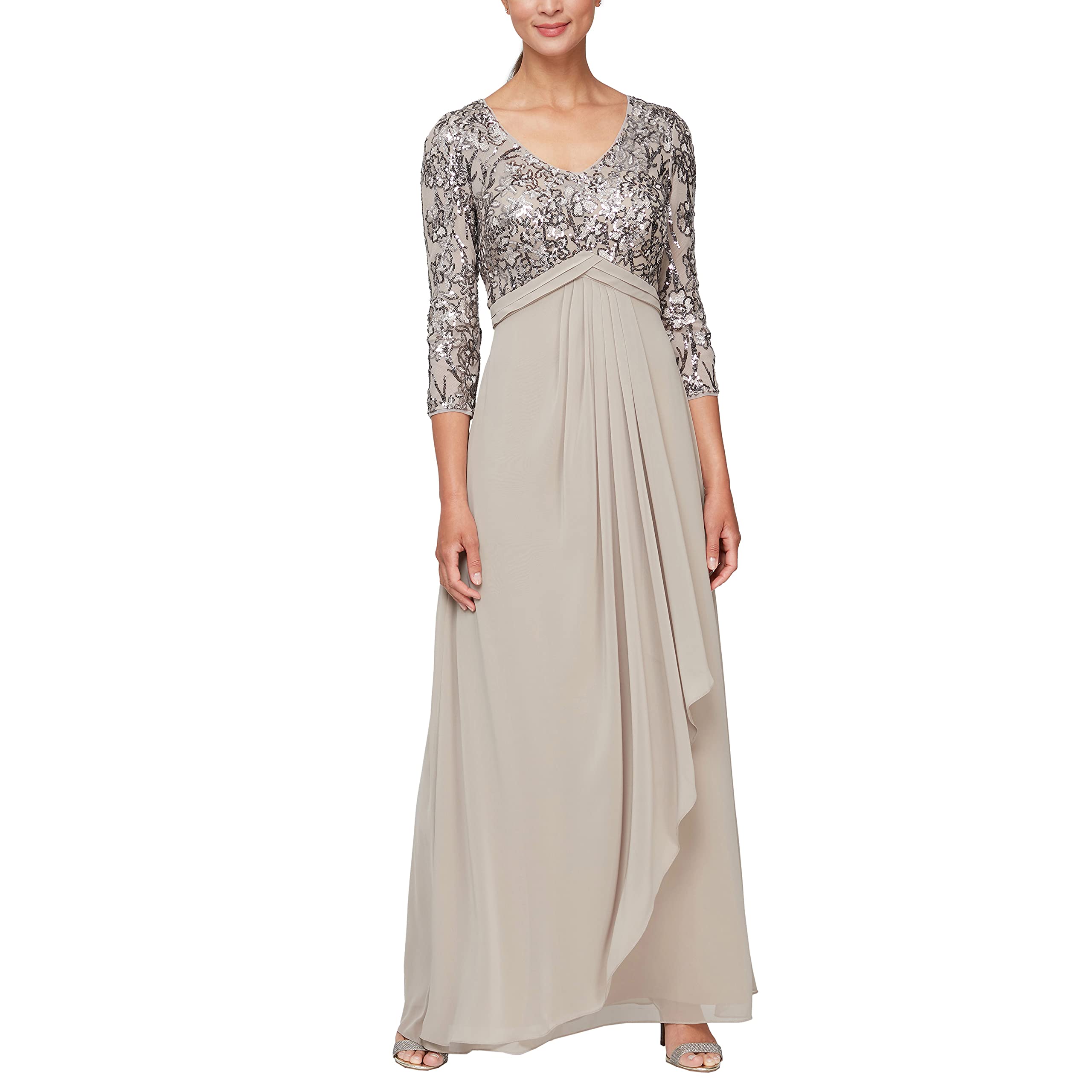 Alex Evenings Women’s Petite Long Lace Top Empire Waist Dress, Mink, 12P