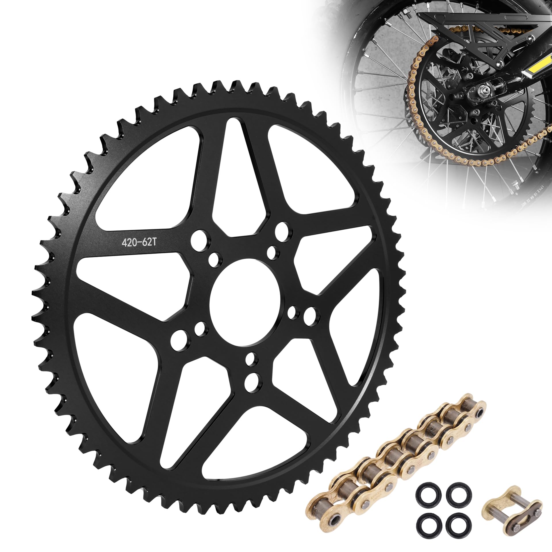 Photo 1 of ZANGOMB 62 Tooth Sprocket with Chains Links for Surron, CNC 62T Chain Sprocket 7075 Aluminum Compatible with Segway X160 X260 Sur Ron Light Bee X - Black