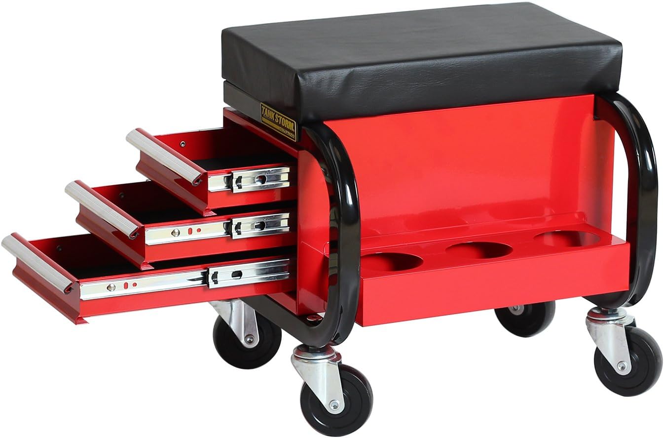 TANKSTORM Tool Box Built-In Creeper Seat, Garage Shop Roller Seat, 3 Drawers Heavy Duty Tool Chest With 4 Rolling Casters-350 Lbs Capacity: Automotive