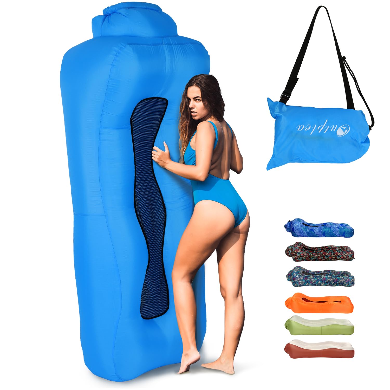 Outplea Inflatable Lounger Air Sofa Waterproof, Portable Air Filled Lounger with Mesh Back, Blow up Sofa for Beach Pool Camping Travel, Blue