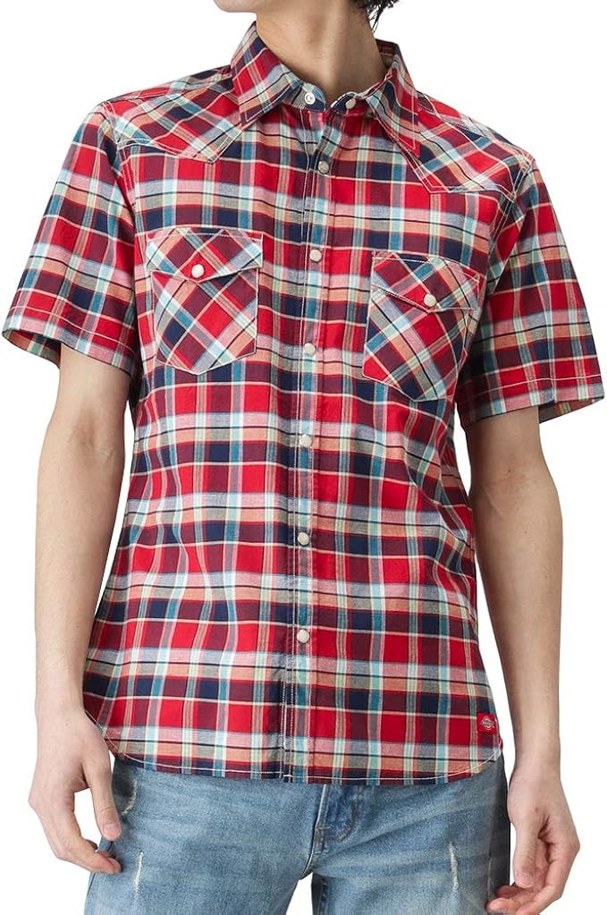 Amazon Dickies ディッキーズ ウェスタンチェックシャツ 半袖シャツ ウエスタンシャツ チェックシャツ 9270 1402 メンズ レッド S シャツ 通販