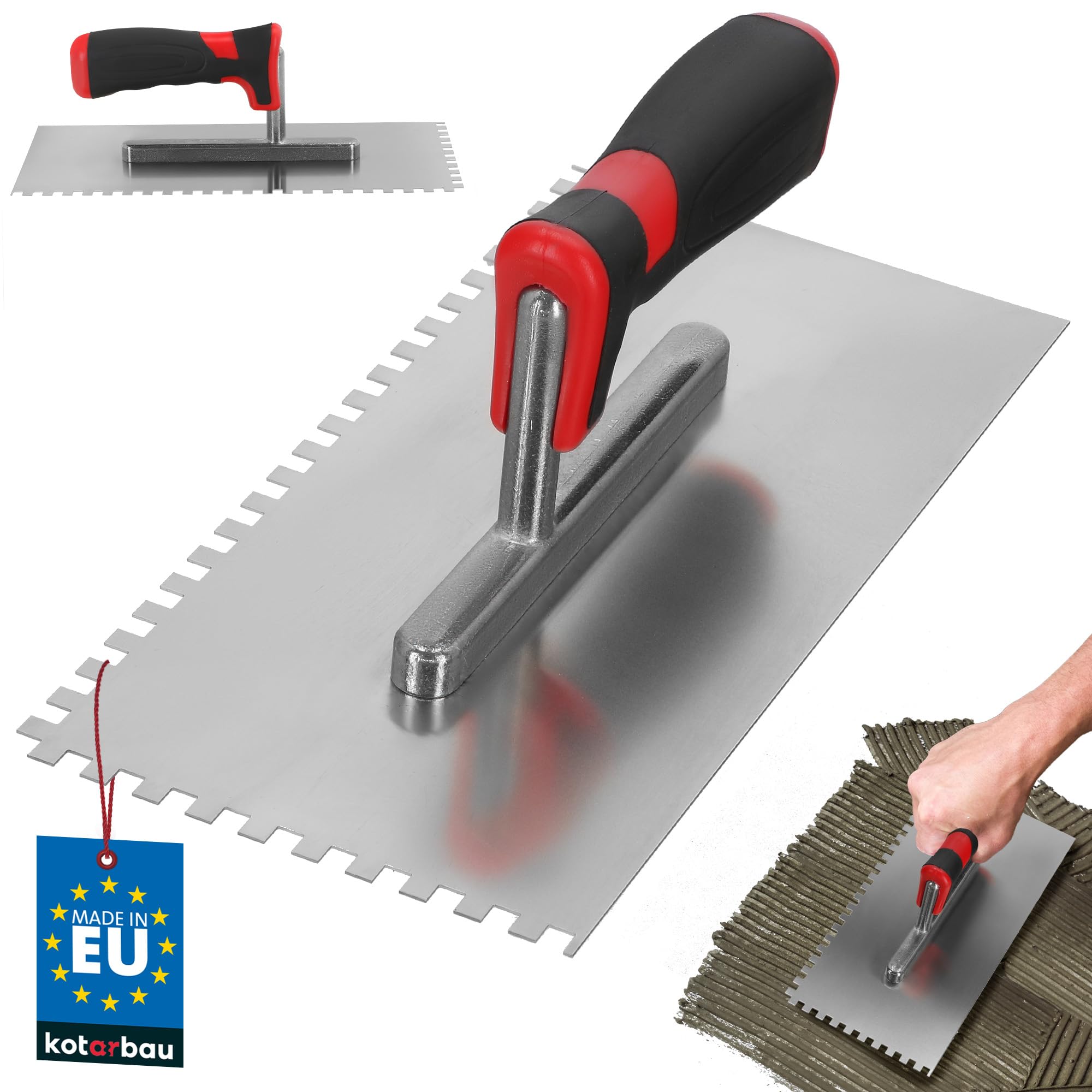 KOTARBAU Stainless Steel Smoothing Trowel 270 x 128 mm with Teeth (Y x Z) mm Toothed Trowel for Laying Tiles Smoothing Disc Stainless Steel Trowel with Soft Grip Essential for Tiling, silver, Zahnung