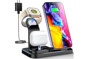 Wireless Charging Station 3 in 1 RJR Compatible with Apple Devices, Charging Dock for iWatch, Built-in Wireless Charger Stand for iPhone Series AirPods Gifts (with 18W Adapter) Graphite Black