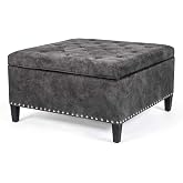 Adeco Large Square Footstool Fabric Ottoman with Storage Footstool, Dark Gray