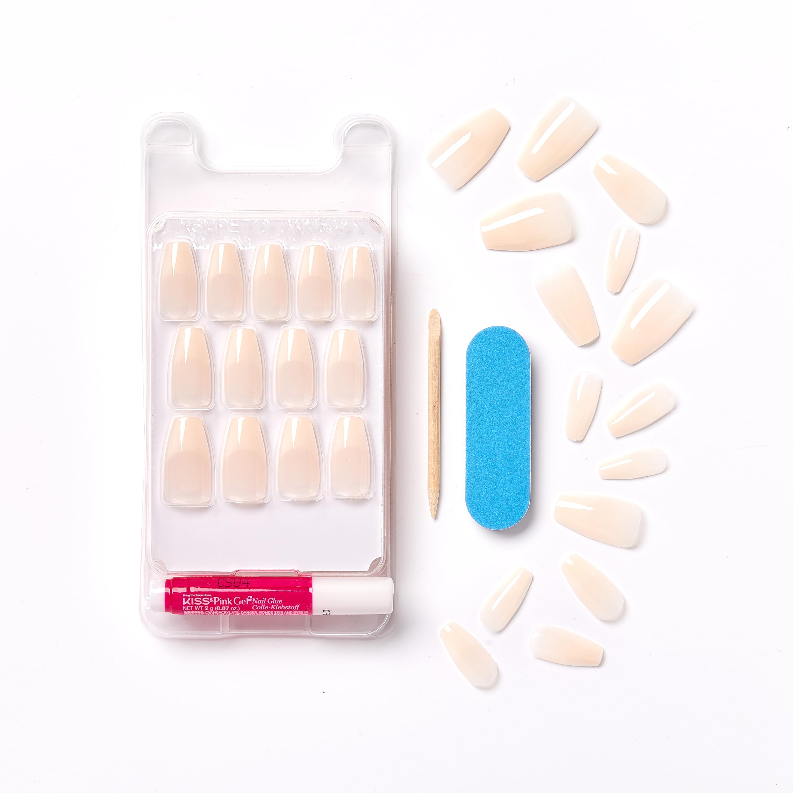 KISS Salon Acrylic French Manicure Set, ‘Leilani’, Medium Length, Nude Square Press-On Nails, Includes Pink Gel Nail Glue 0.07 Oz, Mini Nail File, Manicure Stick, and 28 Fake Nails, 31 Piece Set - Image 6