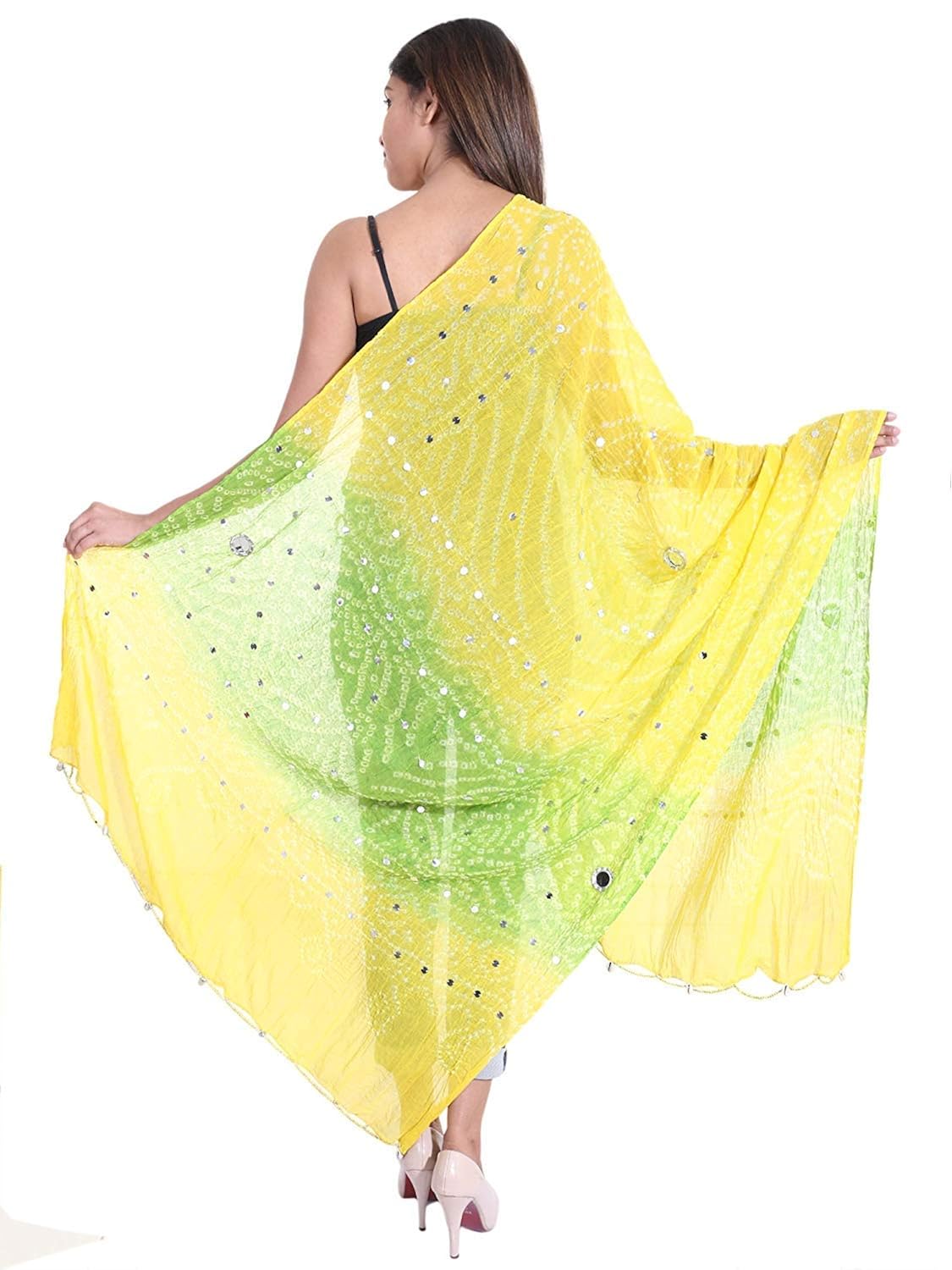woman cotton bandhani dupatta with mirror work