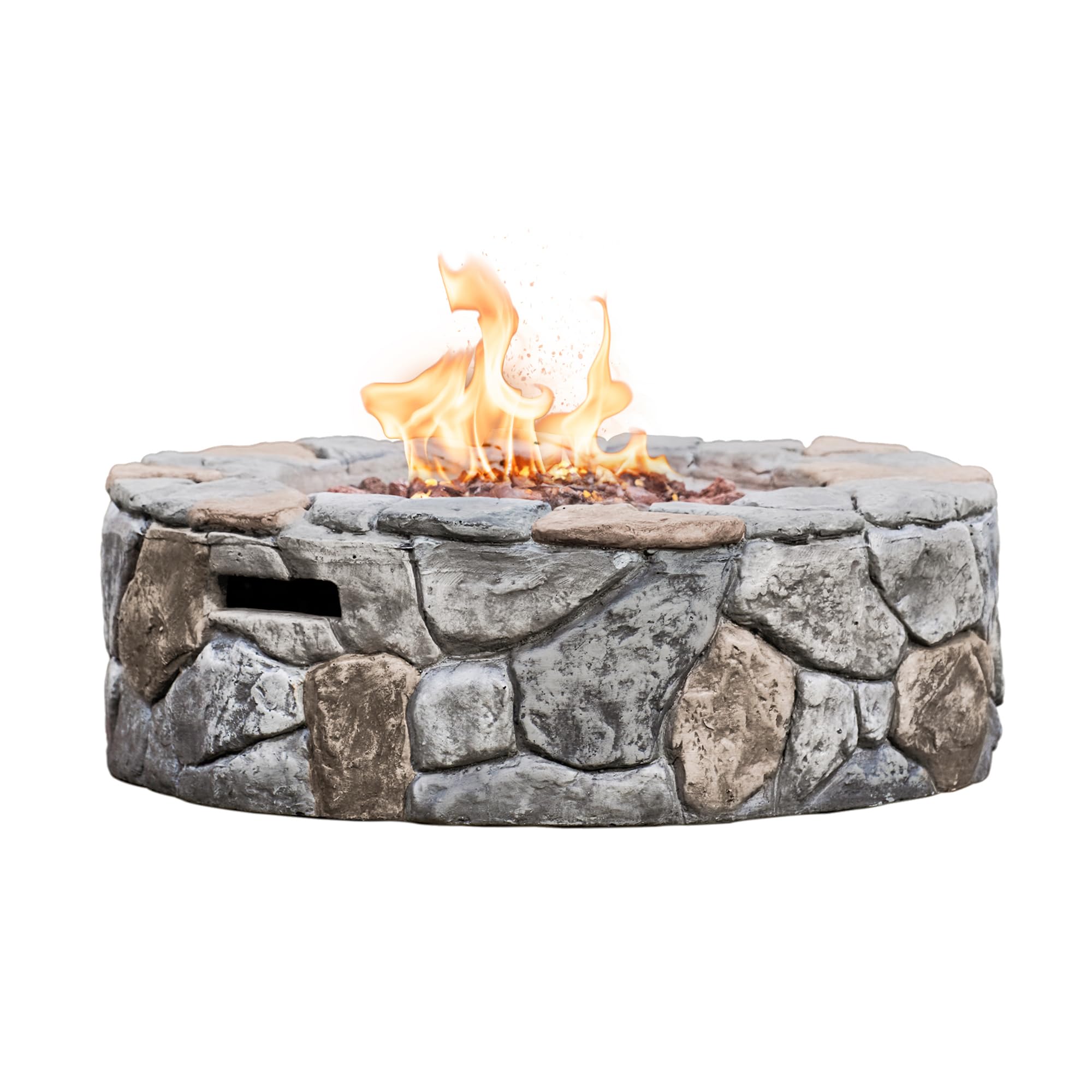 Photo 1 of ****It is used, it is missing parts, it is not known if it works 100%.**Teamson Home 28 in. Outdoor Round Propane Gas Smokeless Fire Pit with Sturdy Faux Stacked Stone Base, Quick Ignition and Weather-Resistant PVC Cover, Gray