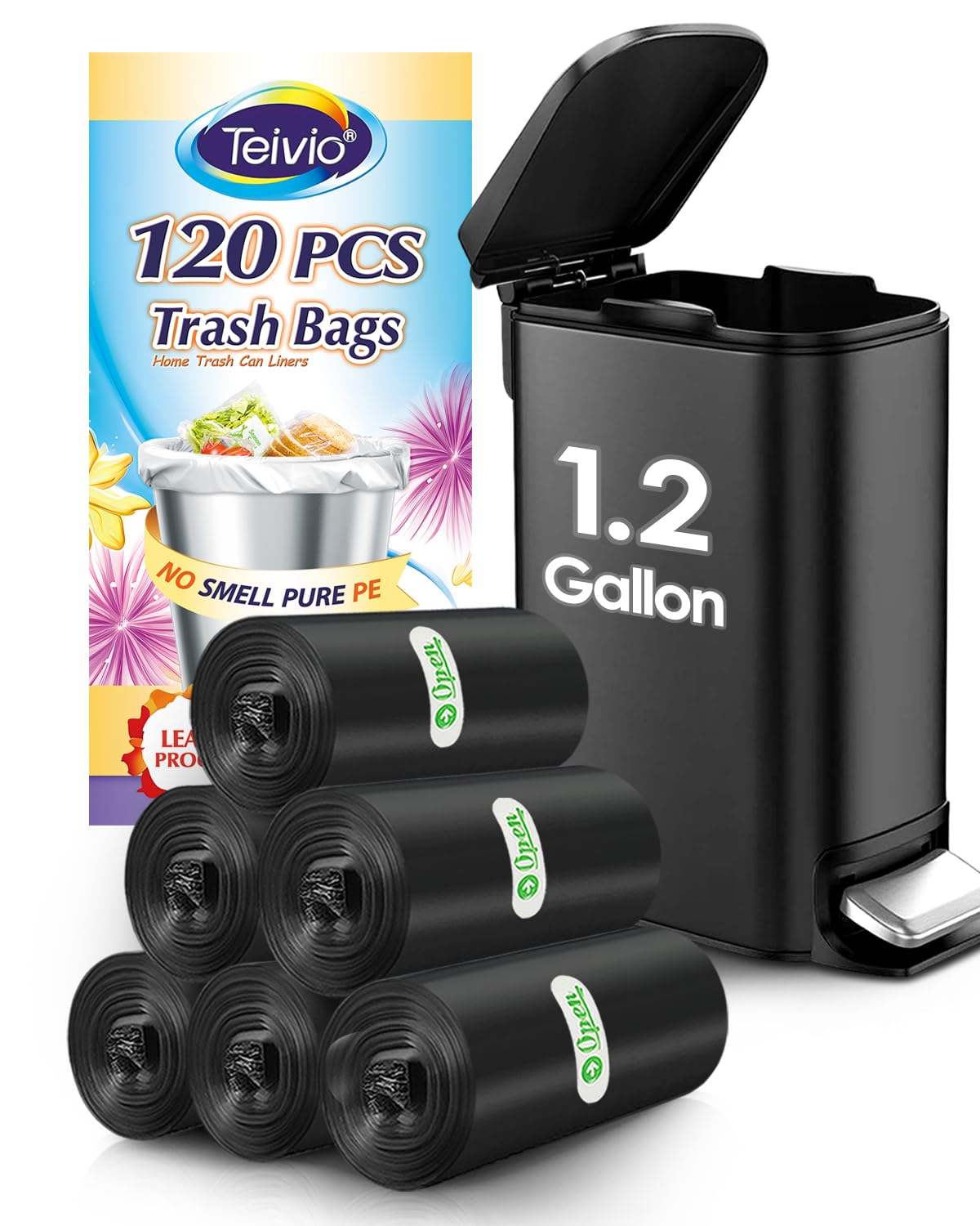 Photo 1 of 1.2 Gallon 120 Counts Small Trash Bags Garbage Bags, Bathroom Trash Can Bin Liners, Small Plastic Bags for home office kitchen, fit 5-6 Liter, 0.8-1.6 and 1-1.5 Gal, Black