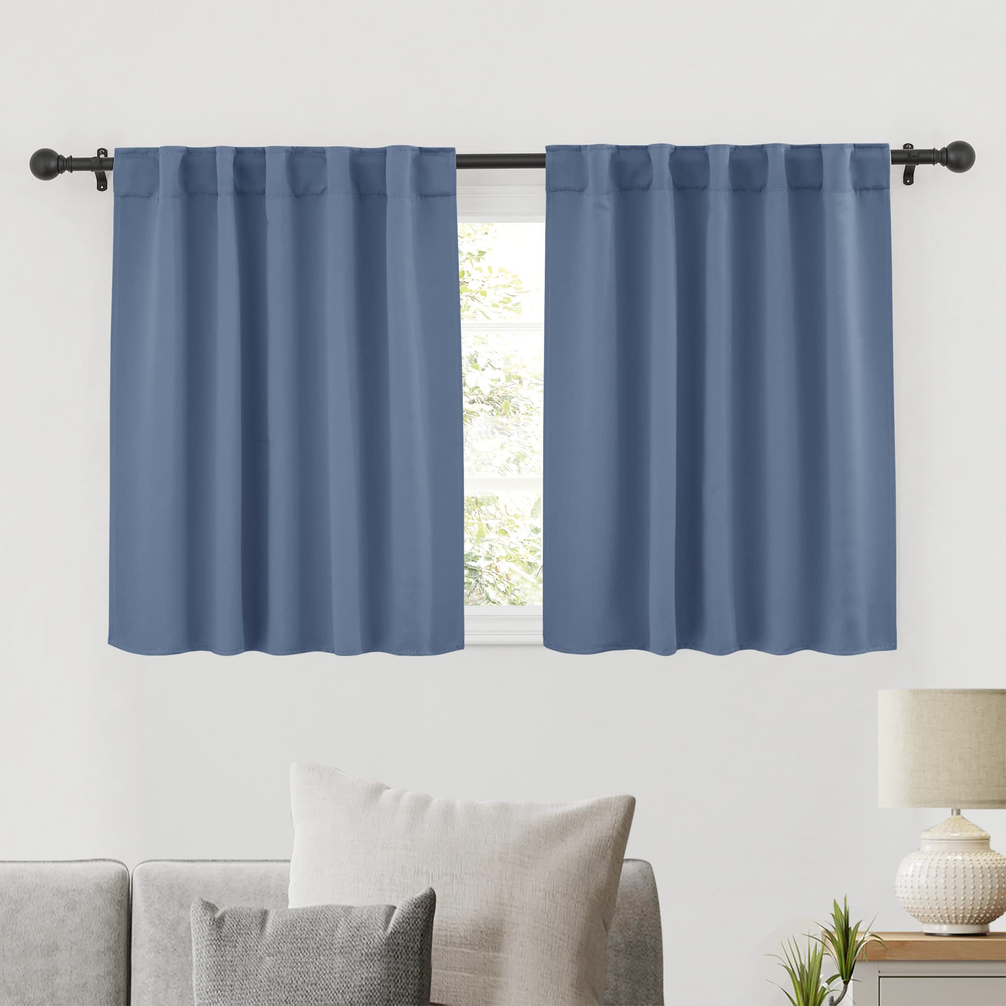 Photo 1 of RYB HOME Blackout Short Curtains for Kitchen, Room Darkening Half Window Treatment Energy Saving Privacy Valances Tiers for Bedroom Bathroom Basement, Stone Blue, W42 x L36 inch, 2 Panels