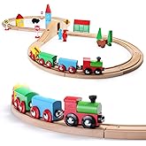 SainSmart Jr. Wooden Train Set for Toddler with Double-Side Train Tracks Fits Brio, Thomas, Melissa and Doug, Kids Wood Toy T