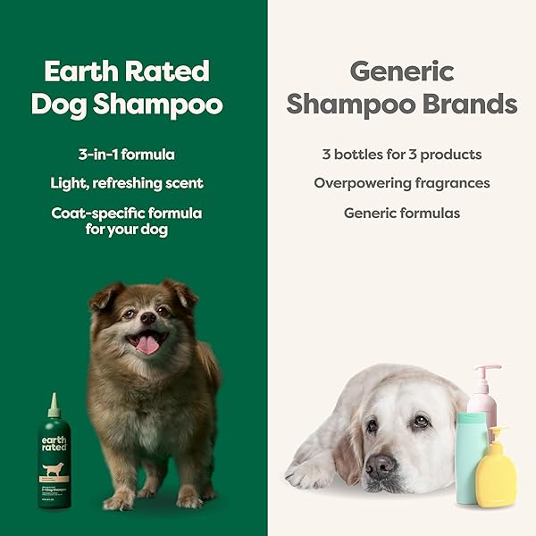 EARTH RATED 3-IN-1 DESHEDDING DOG SHAMPOO AND CONDITIONER, DEODORIZING OATMEAL SHAMPOOS FOR DOGS AND PUPPIES, GREAT FOR SMELLY PETS, WHITE TEA AND BASIL SCENT, 16 OZ