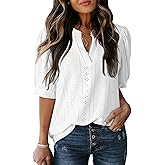 Dokotoo Womens Summer Business Casual Blouses V Neck Short Sleeve Shirts Hollow Out Cute Lace Tops