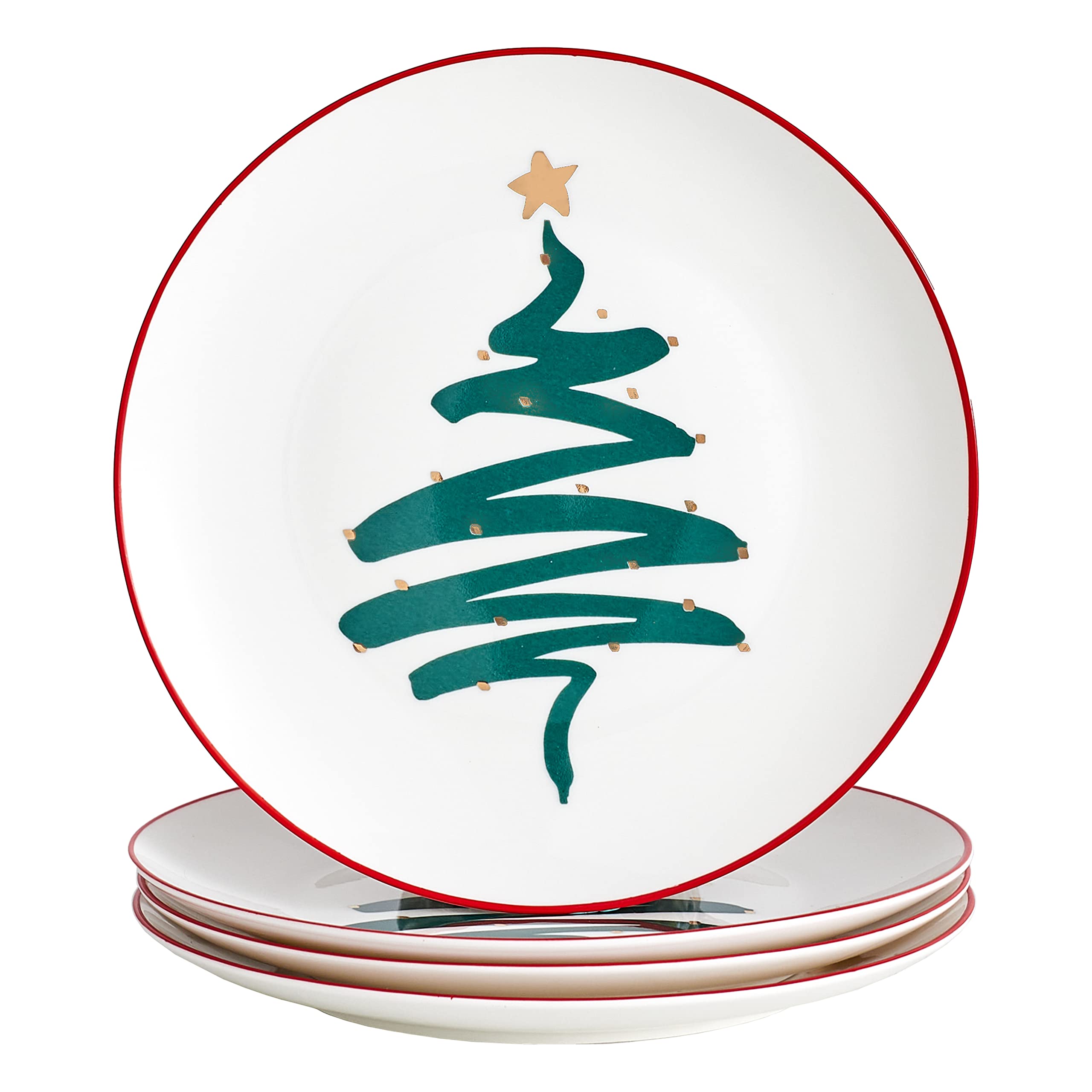 Swuut Christmas Holiday Bone China Dinnerware Set of 4, Dishwasher Safe - Dessert Plates, Salad Plates (Tree, 8 inch)