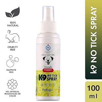 Petlogix Natural K9 No Tick Spray Enriched with Cinnamon & Cedarwood Oil Anti-Tick Flea Repellent for Pet Dog & Cats, 100ml