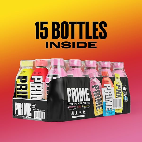 PRIME HYDRATION VARIETY – ICE POP, STRAWBERRY BANANA, LEMONADE, SPORTS DRINKS, ELECTROLYTE ENHANCED FOR ULTIMATE HYDRATION, 250MG BCAAS, B VITAMINS, ANTIOXIDANTS, LOW SUGAR, 12 FL OZ, 15 PACK