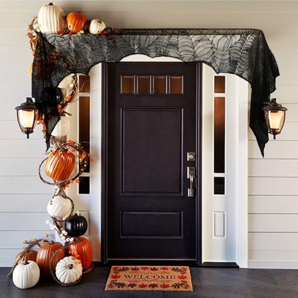 18 x 96 Inch Halloween Decoration Spider Web Cobweb Mantel Fireplace Scarf Door Window Lace Spiderweb Mantle Scarf Runner Festive Party Supplies (Black)
