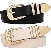 WERFORU 2 Pack Women Leather Belt Fashion Leather Waist Belt for Pants Jean Ladies Western Belt with Gold/Silver Buckle-