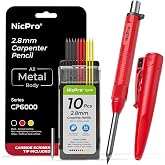 Nicpro Aluminum Carpenter Pencil with Sharpener, Construction Pencils (Red) | Heavy Duty Metal Body, Deep Hole Construction Pencil +10 Refill &amp; Carbide Scriber Tip, Durable Woodworking Pencil for Marking