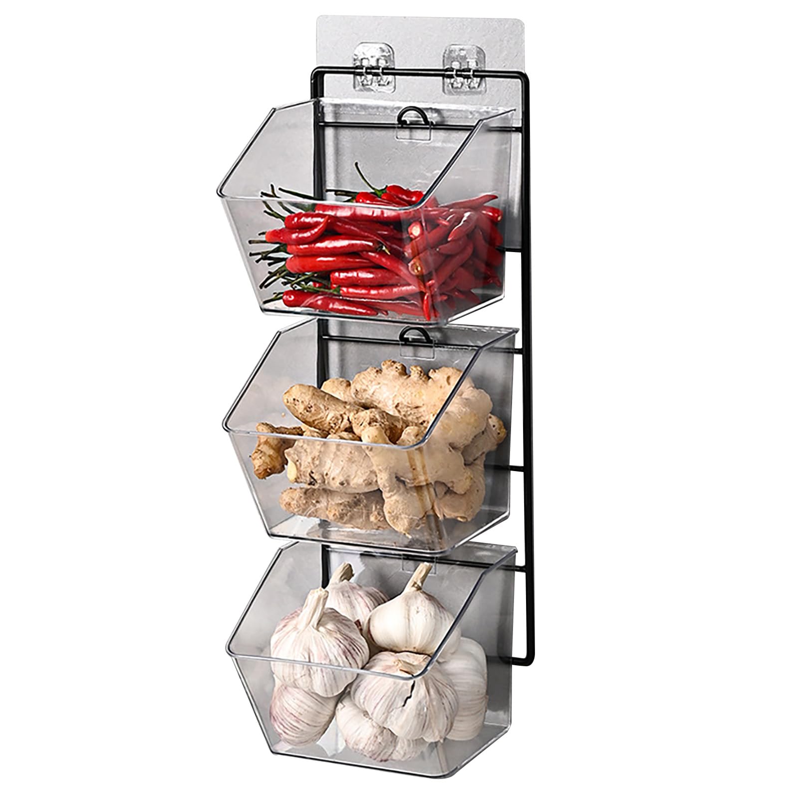 Wall Mounted Storage Container, 3 Layer Wall Hanging Kitchen Storage Box, Convenient Hanging Metal Wire Basket, Wall Basket Storage for Onions, Ginger, Garlic (Vertical
