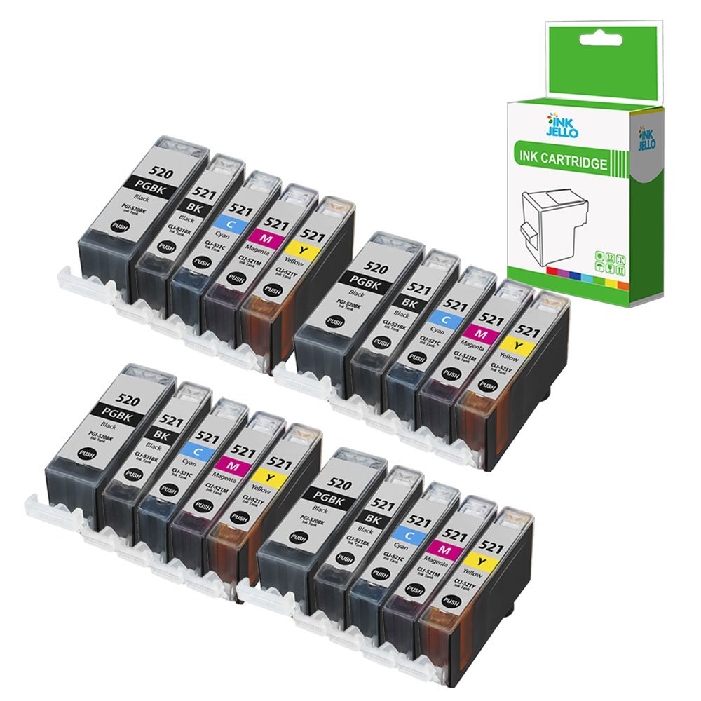 InkJello Ink Cartridge For Printer, Compatible With Canon Pixma iP3600 iP4600 iP4700 MP540 MP550 MP560 MP620 MP630 MP640 MP980 MP990 MX860 MX870 PGI-520/CLI-521 (BK, C, M, Y, 20-Pack)